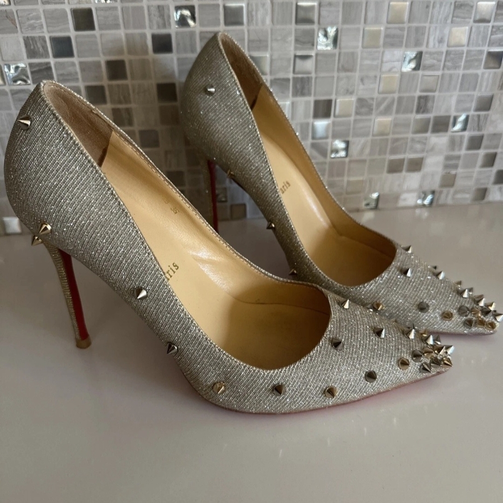 Elegant Studded Gray Women's Heels with red bottoms